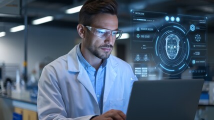 Scientist analyzing molecular graphics on a monitor in a lab