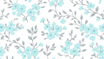 Elegant floral pattern featuring soft blue flowers and delicate gray leaves on a clean white background.