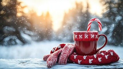 Still Life of Cup with Candy Cane, Woolen Scarf, and Gloves on Windowsill with Winter Landscape