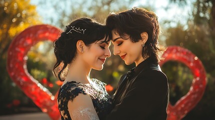 A trans couple posing in front of a heart-shaped arch at a park