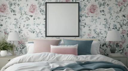 Elegant Bedroom Featuring Floral Wallpaper and White Bedding