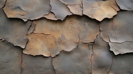 Fototapeta premium Close-up of a textured surface with cracked and peeling paint, showcasing a mix of brown and gray tones. The image evokes a sense of age and weathering.