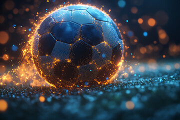 Glowing wireframe soccer ball with a classic hexagonal pattern, highlighted by a combination of blue and black data points, on a transparent background, blending sports and futuristic design.

