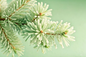A close-up view of frost-covered pine branches, showcasing intricate icy details and a soft, wintry atmosphere with a pale, serene color palette.