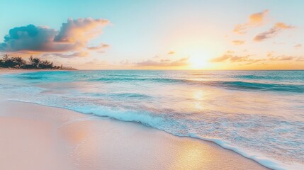 Obraz premium Serene Sunset Over Tropical Beach Ocean Waves