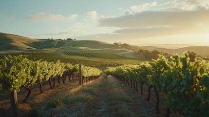 Naklejka premium Vineyard Rows Bask In Golden Sunset Light