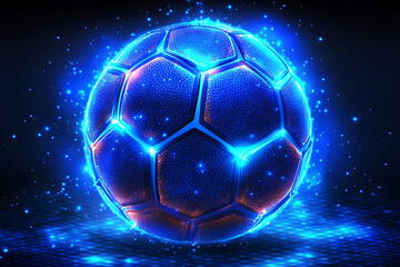 Obraz premium Glowing wireframe soccer ball with a classic hexagonal pattern, highlighted by a combination of blue and black data points, on a transparent background, blending sports and futuristic design.