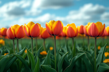 Endless tulip fields in full bloom with vibrant colors stretching to the horizon, set under a clear blue sky, symbolizing the beauty of nature and springtime