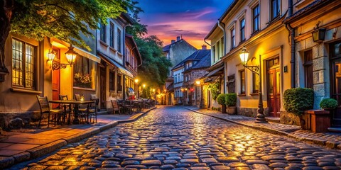 Obraz premium Skadarlija Bohemian Quarter Belgrade Serbia - Cobblestone Street Night Scene