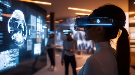 Woman in VR headset exploring futuristic digital interface with colleagues.