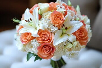 Obraz premium Beautiful wedding bouquet featuring roses and lilies in a soft color palette for a special celebration