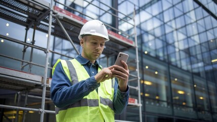 Construction worker wearing a white safety helmet and a reflective vest, using a smartphone on a modern construction site surrounded by scaffolding and glass buildings