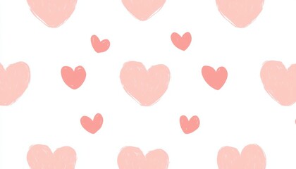 A charming pattern of hand-drawn hearts in soft pink shades on a clean white background, perfect for romantic designs.