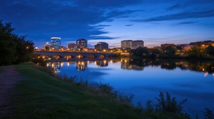 Fototapeta premium Cityscape at Dusk Reflecting in Calm Water