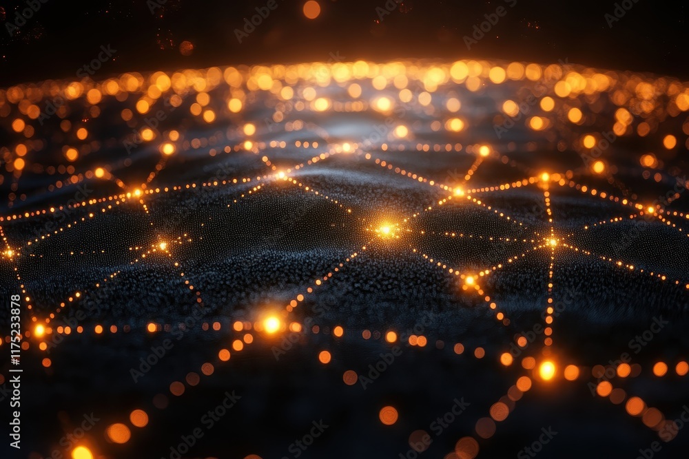 Poster network connections illuminate a dark landscape with glowing points and intricate lines representing