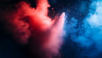 A powerful explosion of red and blue light particles colliding in a dramatic science concept AI Generated