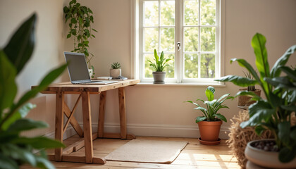 Cozy Home Office with Indoor Plants and Natural Light