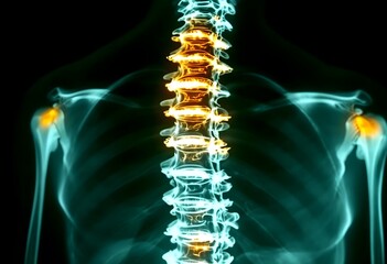 Glowing Spine X-Ray: Detailed 3D Medical Illustration of Human Vertebral Column and Rib Cage. High-Resolution Anatomy Image for Healthcare, Science, and Education. Perfect for medical textbooks, websi