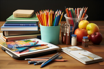 An Artful Arrangement of New HB School Supplies Ready for Use on a Wooden Desk