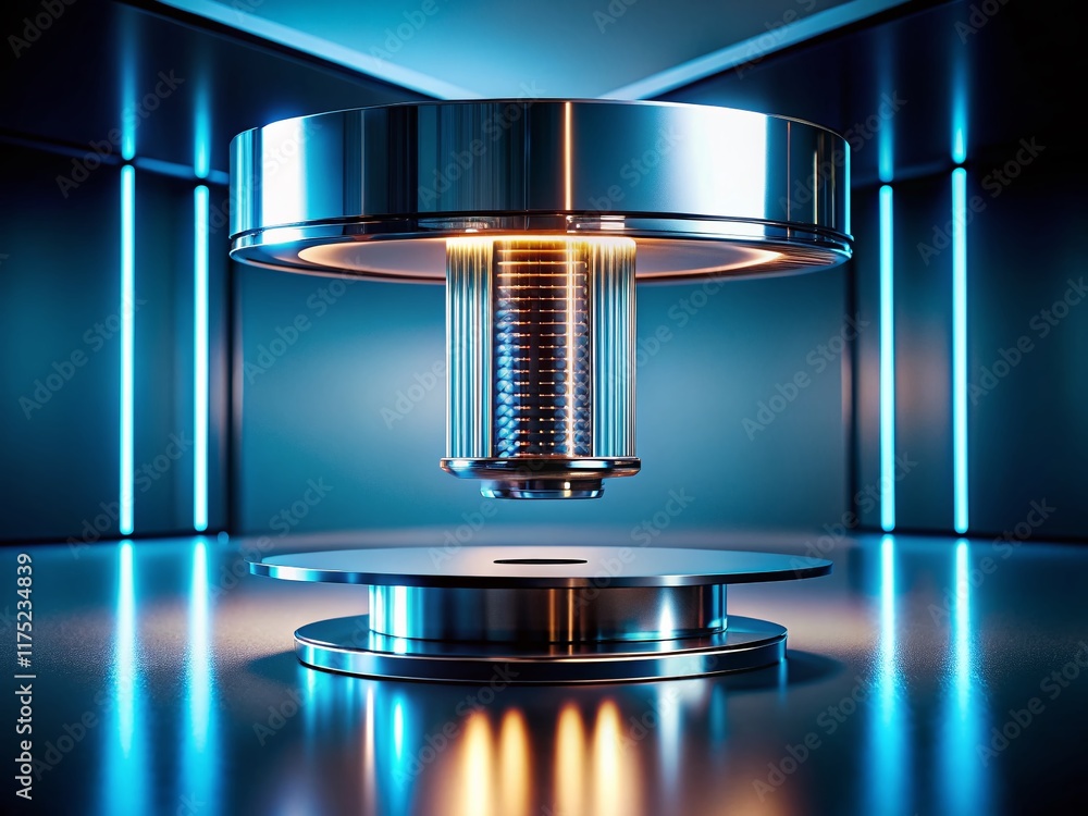 Poster sleek metallic quantum computer core with levitating console - cinematic retrofuturistic stock photo