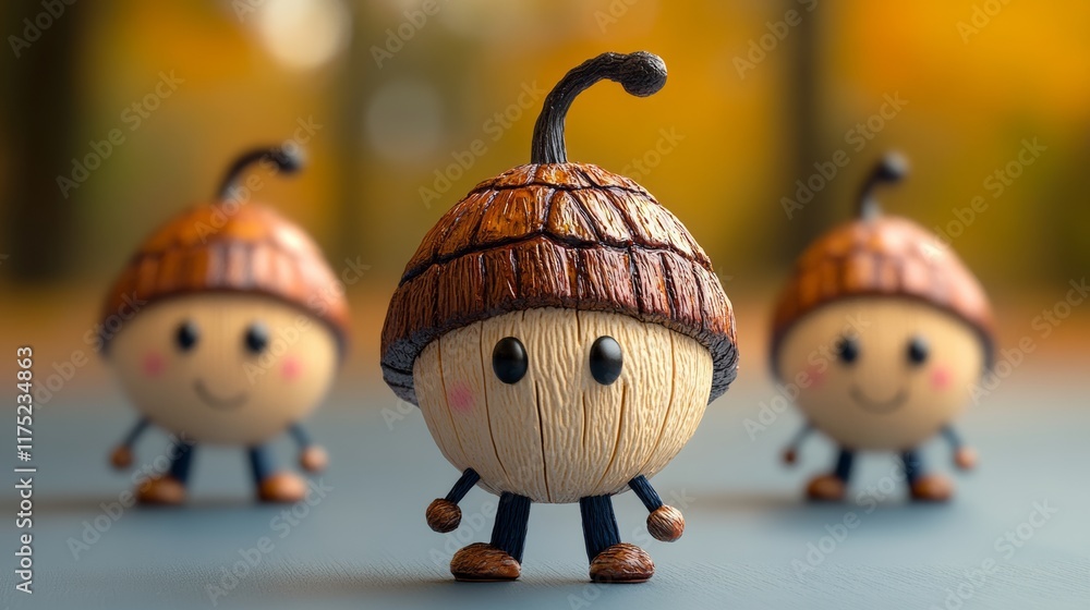 Poster three wooden figurines of acorns with a smiling face. the acorns are standing in a row and appear to