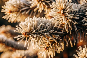 A close-up view of frost-covered pine branches, showcasing intricate icy details and a soft, wintry atmosphere with a pale, serene color palette.