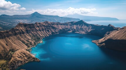 Volcanic Crater Lake Surrounded By Majestic Mountains