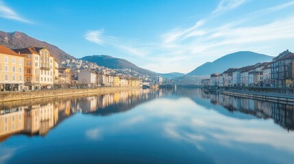 Calm River Reflecting Colorful Buildings and Mountains