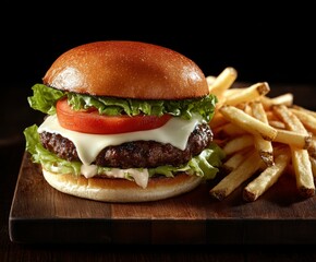 Delicious cheeseburger with lettuce, tomato, and crispy fries at dinner time