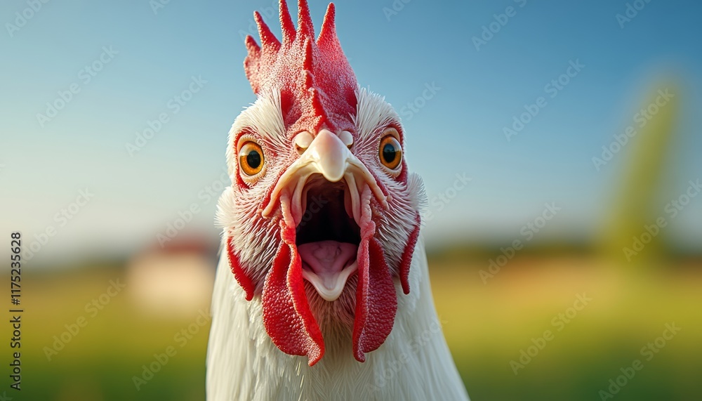 Poster chicken with a red comb and white feathers is looking at the camera. the chicken has an open mouth a
