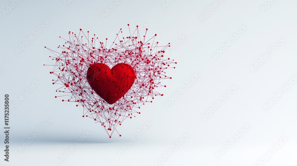 Poster heart made of red dots is floating in the air. the heart is surrounded by a web of red dots, giving 