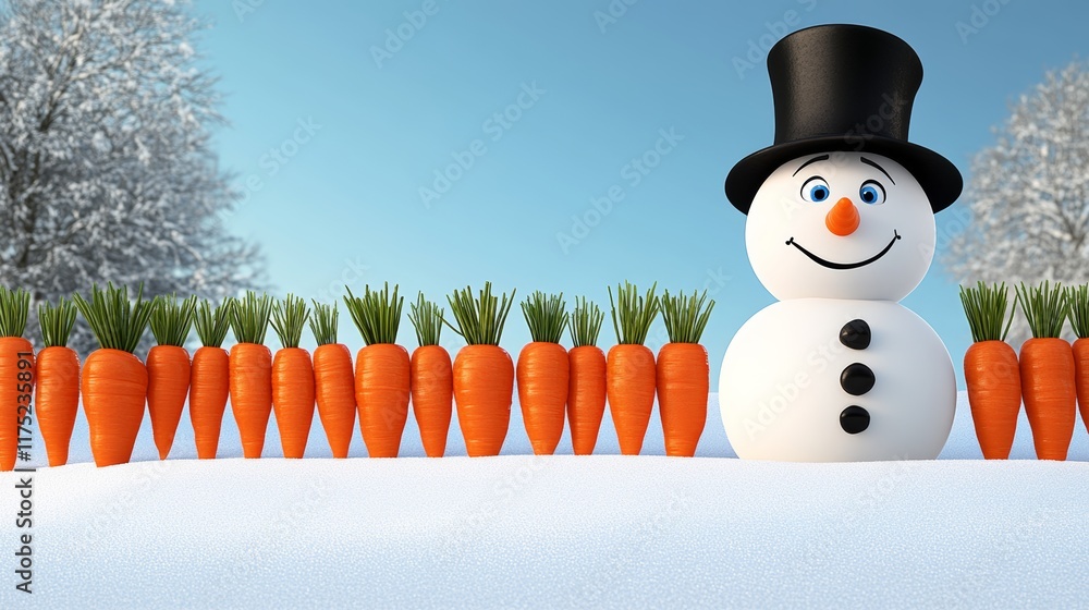 Poster snowman wearing a black hat stands in front of a row of carrots. the snowman is smiling and the carr