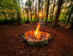 A cozy campfire in the woods, surrounded by logs and small stones