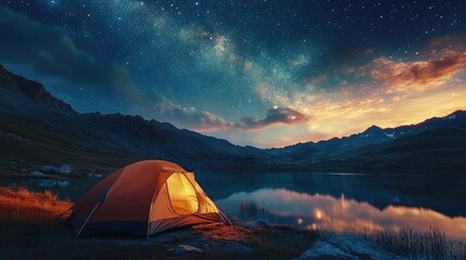 Illuminated Tent Beside Serene Mountain Lake Under Starry Sky