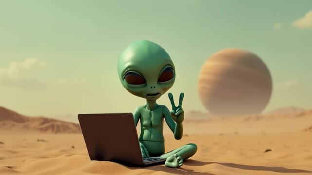 An alien relaxes in the desert, typing on a laptop and flashing a peace sign with a distant planet in the background