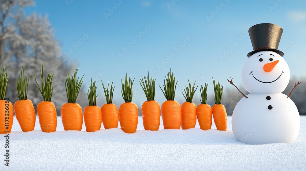 Poster snowman is standing in front of a row of carrots. the snowman is smiling and the carrots are arrange
