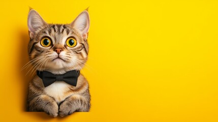 Cat wearing a black bow tie is staring at the camera. The cat's eyes are wide open, and it is looking directly at the viewer. The yellow background adds a pop of color to the scene