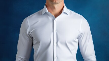 Man in White Dress Shirt Posing Against Blue Background