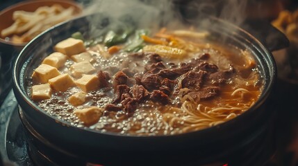 Steaming Hot Pot With Beef Tofu And Noodles