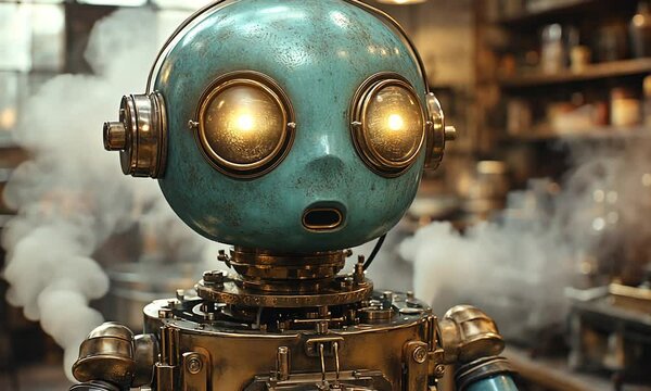 Astonished Steampunk Robot in a Smoky Vintage Workshop.  Close-up of a surprised, intricately detailed mechanical android, glowing eyes reflecting the ambient steam
