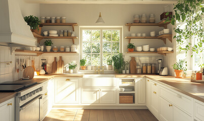 Modern White Kitchen with Wooden Accents and Cozy Lighting
