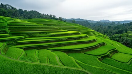 Lush green rice terraces under cloudy sky in Bali, Indonesia during daytime