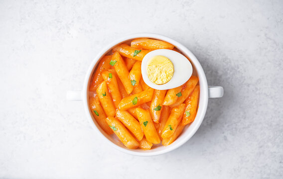 Hot and spicy tteokbokki in sauce in a bowl