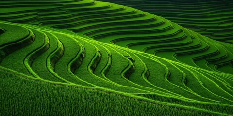 Fototapeta premium Lush green rice terraces cascade down the hills under soft sunlight
