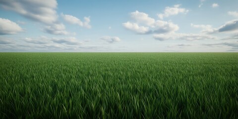 Lush green grass field under a bright blue sky with fluffy clouds