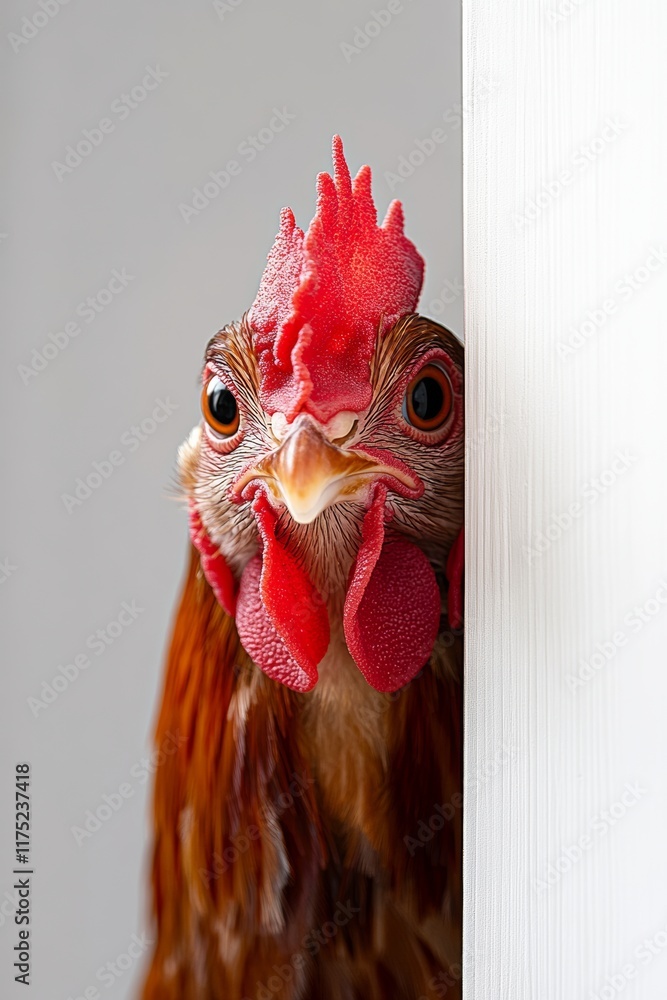 Poster chicken with a red head peeking out from behind a white wall. the chicken's head is the main focus o