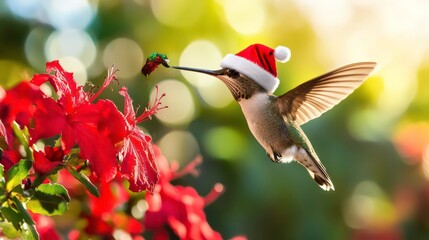 A festive hummingbird wearing a Santa hat hovers near vibrant red flowers on a sunny day