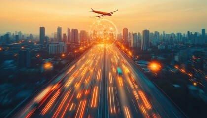 Fototapeta premium Airplane Flying Over Futuristic City Highway with Vibrant Light Trails