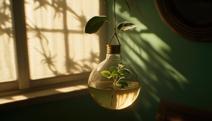Decorative Glass Bulb Vase with Green Plant in Cozy Sunlit Room