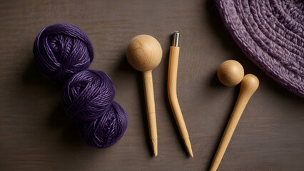 Detailed View of Purple Yarn and Wooden Needles for Elegant Handcrafted Creations.